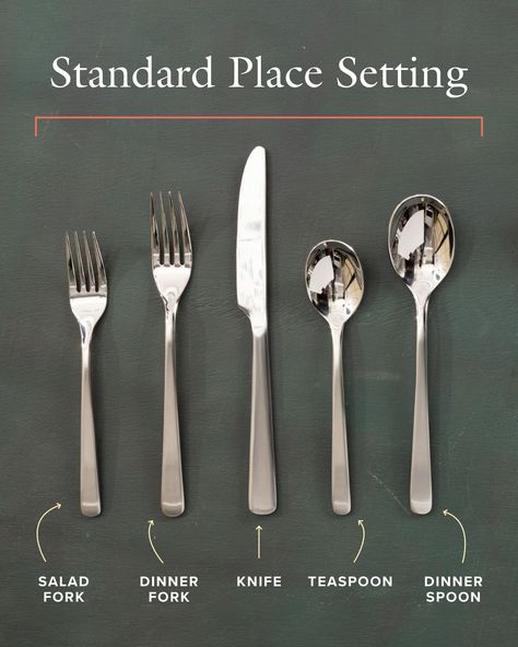 A standard place setting consists of a salad fork, a dinner fork, a knife, a teaspoon, and a dinner spoon. Many of the larger sets also include five serving utensils: a serving spoon and slotted spoon, a serving fork, a butter knife, and a sugar spoon. Tablescape Design, Best Chicken Ever, Company Dinner, Spoons And Forks, Stainless Steel Utensils, Flatware Sets, Slotted Spoon, Cooks Illustrated, Serving Fork