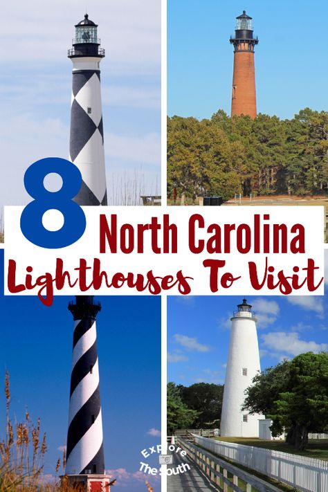 8 North Carolina Lighthouses You Can Visit. Climb all but one of these east coast light houses. Rich history dating back to the late 1700's and how the Civil War affected some of the East Coast lighthouses. #lighthouse #lighthouses #explorethesouth #southeasternustravel East Coast Lighthouses, Southport North Carolina, Ocracoke Lighthouse, Oak Island Lighthouse, Nc Lighthouses, North Carolina Lighthouses, Bodie Island Lighthouse, North Carolina Coast, Cape Hatteras Lighthouse