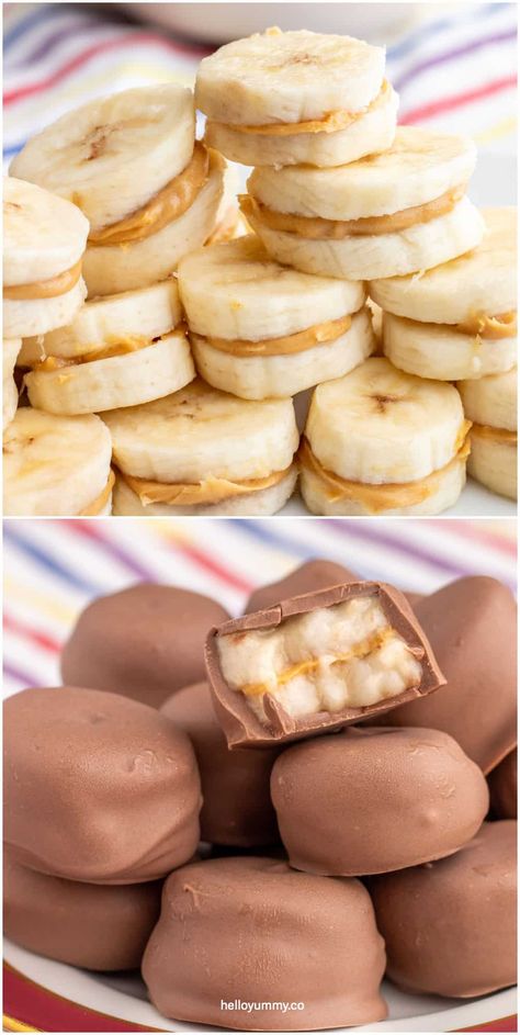 Chocolate Banana Peanut Butter Bites Frozen Chocolate Banana Bites, Banana Peanut Butter Snack, Snacks To Make After School, Banana And Peanut Butter Snack, Banana Peanut Butter Bites, Frozen Fruit Snacks, Frozen Banana Recipes, Frozen Chocolate Bananas, Frozen Deserts