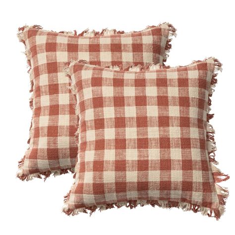 PRICES MAY VARY. 50% Cotton, 50% Linen PERFECT FIT: These Cotton Linen Gingham Fringe boho throw pillows are designed to be the perfect cuddle buddy. No more squeezing or stuffing, just pure pillow bliss! SOFT NATURAL FABRIC: These decorative pillows for couch are made with soft and breathable 50% Cotton and 50% Linen fabric blend for a natural feel to your throw pillows for couch. UNIQUE BOHEMIAN GINGHAM DESIGN: These outdoor pillow covers feature a beautiful bohemian gingham pattern with a slu Rust Outdoor Pillows, English Cottage Throw Pillows, Fall Plaid Pillow Covers, Cottagecore Couch Pillows, Cute Fall Pillows, Affordable Throw Pillow Covers, Fall Porch Pillows, Autumn Farmhouse Decor, Fall Decor Pillows