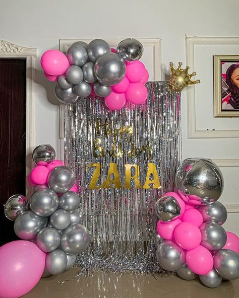 Pink Balloon Backdrop, Farewell Party Decorations, Bridal Room Decor, Bridal Room, Farewell Party, Moms Birthday, Balloon Backdrop, Silver Chrome, Balloon Decor