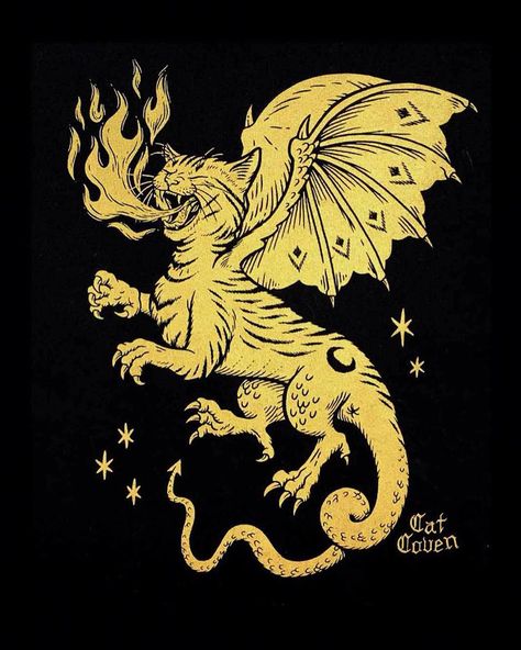 Cat Dragon, Black Cat Illustration, Fairytale Creatures, Dragon Cat, Magic Cat, Dragon Tattoo Designs, Cat Artwork, Tattoo Design Drawings, Back Patch