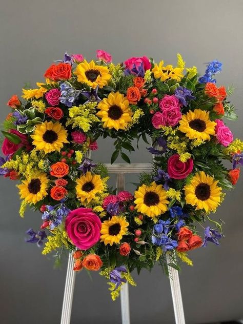 Memorial Flowers Arrangements, Honoring Loved Ones, Roses And Sunflowers, Cemetary Decorations, Standing Easel, Creative Wreaths, Grave Flowers, Large Flower Arrangements, Cemetery Decorations