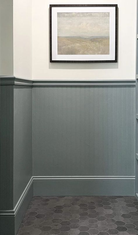 Wainscoting Ideas Beadboard, Half Wood Panel Walls Painted, Painted Bead Board Bathroom, Mid Wall Paneling, Beadboard Half Wall Basement, Minimalist Wainscoting Ideas, Painted Pine Paneling Walls, Color Block Wall Bathroom, Wayne’s Coating Wood