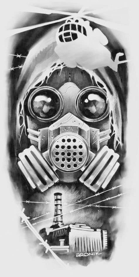 Chernobyl Tattoo, Gas Mask Tattoo Design, Mad Max Tattoo, Gas Mask Tattoo, Darkside Tattoo, Half Sleeve Tattoos Sketches, Lion Art Tattoo, Negative Space Tattoo, Colored Tattoo Design