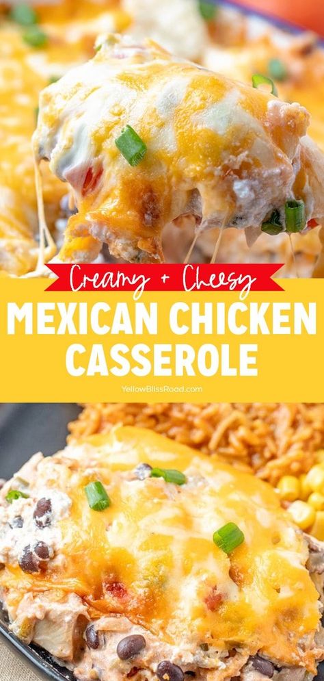 Mexican Chicken Casserole Recipe is loaded with chips, creamy chicken, salsa, beans, and cheese for an easy weeknight meal or appetizer dip. Mexican Chicken Breast Recipes, Mexican Chicken Breast, Shredded Chicken Casserole, Chicken Taco Casserole, Chicken Salsa, Easy Chicken Casserole Recipes, Mexican Casserole Recipe, Mexican Chicken Casserole, Chicken Casserole Recipe