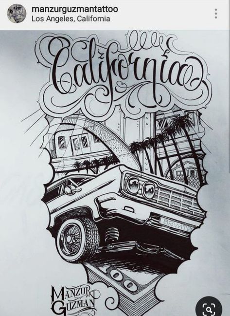 Lowrider Art Tattoo, Low Rider Tattoo, Traditional Chicano Tattoos, Lettrage Chicano, Lowrider Tattoo, Art Chicano, Chicano Tattoos Sleeve, Catrina Tattoo, Arte Cholo