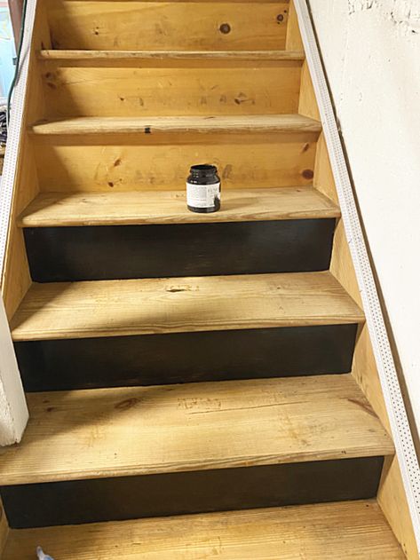 DIY painted stairs Diy Basement Stairwell Makeover, Wood Basement Stairs, Update Basement Stairs, Staining Basement Stairs, Cheap Basement Stair Makeover, Painted Plywood Stairs, Repaint Stairs, Refinish Basement Stairs, Unfinished Stairs Ideas