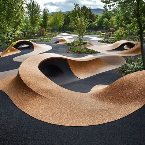 This unique playground features a dynamic cork landscape, merging fun and sustainability in urban design. Made from renewable cork material, the undulating surfaces create a playful, eco-friendly environment that's both durable and gentle on the environment. Ideal for modern parks and public spaces, this design highlights cork's versatility in building sustainable, engaging spaces for families and communities. Perfect for those exploring green building materials in creative landscapes. Sustainable Playground, Playground Model, Community Park Design, Building Materials Architecture, Unique Playground, Materials Architecture, Modern Playground, Pool Architecture, Playground Surface