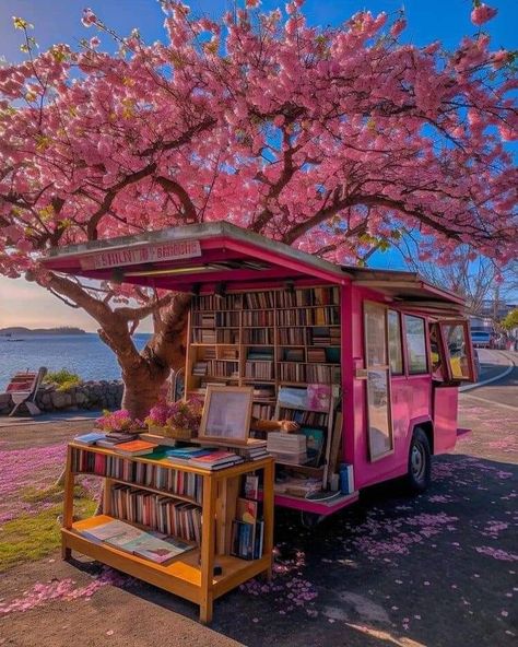 Bookmobile Ideas, Enchanted Backyard, Library Japan, Bookshop Ideas, Cute Library, Book Truck, Cottagecore Princess, Book Mobile, Library Cafe