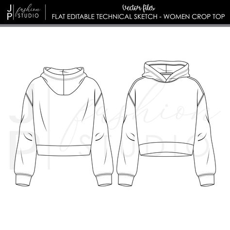 Hoodie Illustration, Flat Sketch Template, Fashion Flat Sketch, 50 Blouse Designs, Clothing Templates, Sketch Template, Flat Drawings, Hooded Crop Top, Womens Sweatshirts Fashion