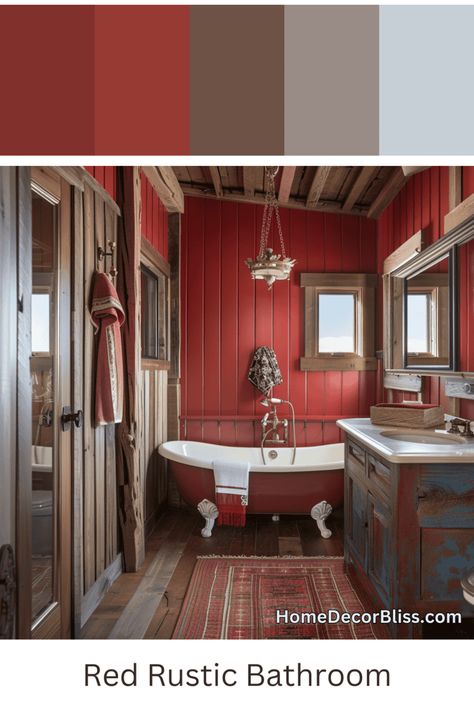 Rustic Bathroom Inspiration: Bold Red Panel Wall and Distressed Wood Furnishings Red Boho Bathroom, Red Light Bathroom, Red Bathroom Walls, Red Living Room Walls, Cabin Inside, Rustic Bathroom Ideas, Panel Walls, Red Bathroom, Rustic Room