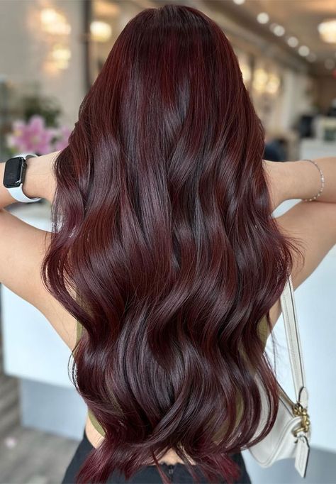 Mid Length Dark Red Hair, Brunette Hair For Olive Skin, Cherry Cholocate Hair, Medium Contrast Hair Color, Cabello Chocolate Cherry, Dark Red Brunette Hair, Dark Cherry Chocolate Hair, Mahogany Hair Color Brown, Chocolate Cherry Balayage