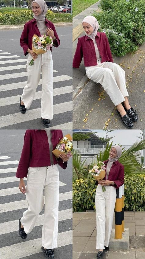 Maroon White Outfit, Cream Red Outfit, Ootd Kemeja Maroon, Maroon And White Outfits, Ootd Celana Cream, Maroon Outfit Aesthetic, Maroon Hijab Outfit, Red Hijab Outfit, Maroon Outfit Ideas