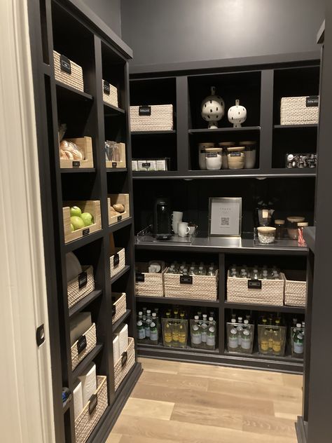 Dark Pantry Shelves, Black Pantry Walls White Shelves, Black Shelves In Pantry, Black Pantry Shelves, Black And White Pantry, Industrial Pantry, Basement Nook, Mudroom Pantry, Black Pantry