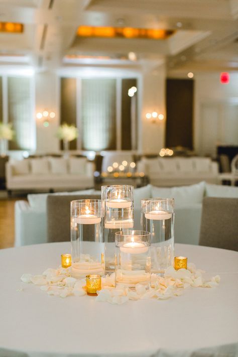 Floating Candle Centerpieces With Gold, White Rose Floating Candle Centerpiece, Rose Petal And Candle Centerpiece, Candle With Water Centerpiece, Petals Table Decoration, Rose Petals Centerpiece Wedding, Floating Candle Centrepiece, Floating Candles With Rose Petals, Just Candles Centerpiece