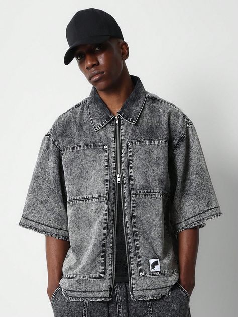 Boxy Fit Washed Denim Zip Through Raw Edge Worker Shirt College Ready Black   Half Sleeve Woven Fabric   Non-Stretch  Men Clothing, size features are:Bust: ,Length: ,Sleeve Length: Manche, Graphic Shirt Design, Denim Shirt Men, Boys Denim, Washed Denim, Casual Sets, Trendy Colors, Men Clothing, Denim Top