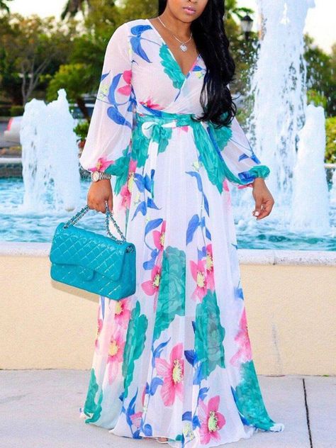 Robe d'été Maxi Maxi Tropical à col en V profond Afrikaanse Mode, Floor Length Dress, Chiffon Fashion, Perfect Prom Dress, Latest African Fashion Dresses, Chiffon Long Sleeve, Chiffon Maxi Dress, Trend Fashion, Plus Size Maxi Dresses