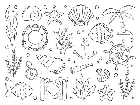 Doodle Art Marine Life, Underwater Doodles Simple, Shell Doodles Easy, Sea Shell Doodle, Seaweed Tattoo Simple, Seaweed Drawing Easy, Seaside Doodles, Sea Doodle Art, Coastal Doodles