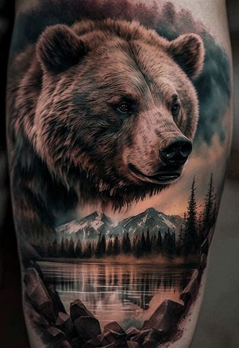 Tattoo Ideas Bear, Black Bear Tattoo, Grizzly Bear Tattoos, Wilderness Tattoo, Tattoo Homme, Animal Tattoos For Men, Bear Tattoo Designs, Animal Sleeve Tattoo, Nature Tattoo Sleeve