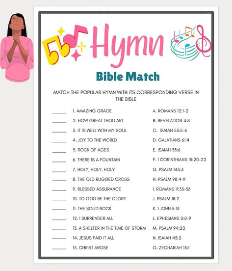 Bible Games, Bible Hymn Match Game, Women's Ministry Games, Bible Games Printable, Bible Trivia, Bible Games for Adults, Bible Retreat Games - Etsy Church Games For Adults, Bible Games For Adults, Bible Quiz Games, Jesus Games, Bible Games For Kids, Christian Games, Kids Worship, Bible Camp, Class Crafts