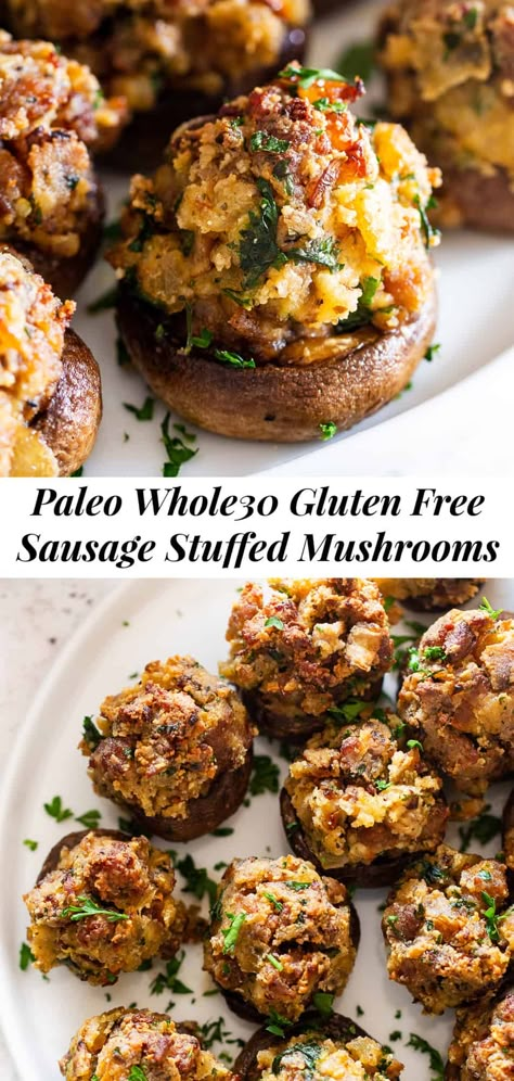 These healthier sausage stuffed mushrooms are huge on flavor but contain no dairy, gluten or grains.  They're easy to put together and make the perfect holiday appetizer or side dish!  Paleo, Whole30, keto. #paleo #cleaneating #thanksgiving #whole30 #keto Paleo Dip, Gluten Free Sausage, Paleo Running Momma, Sausage Stuffed Mushrooms, Paleo Thanksgiving, Paleo Appetizers, Whole30 Dinner, Paleo Sides, Whole30 Keto