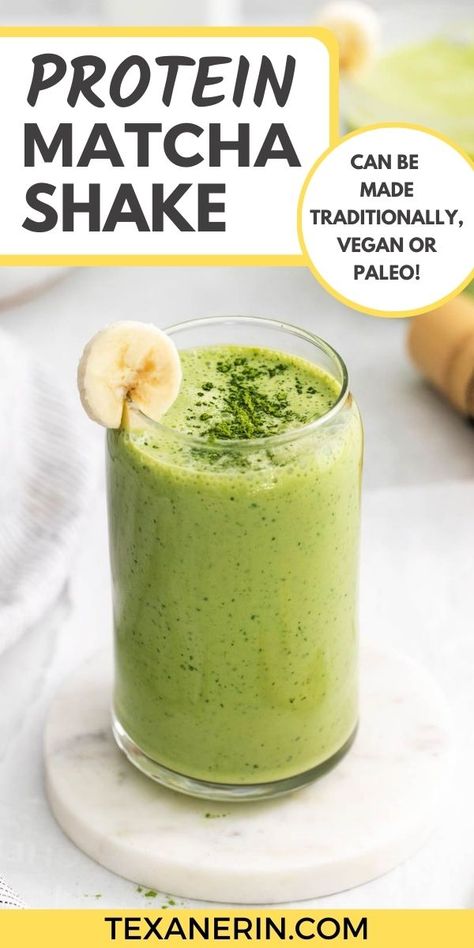 Matcha Protein Shake - Texanerin Baking Matcha Shake Recipe, Matcha Protein Shake, Protein Matcha, Matcha Shake, Matcha Green Tea Smoothie, Vanilla Protein Shakes, Protein Shake Smoothie, Matcha Smoothie, Matcha Drink