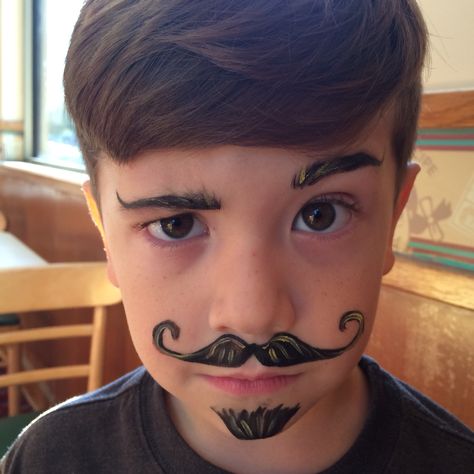 Boy's black mustache, goatee & eyebrows facepainting Mustache Face Paint, Diy Mustache For Face For Kids, Halloween Cheek Face Paint, Simple Face Painting Ideas For Kids Boys, Easy Kid Face Painting Ideas, Circus Face Paint, Face Paint For Boys, Boys Face Paint, Face Paint Ideas Aesthetic