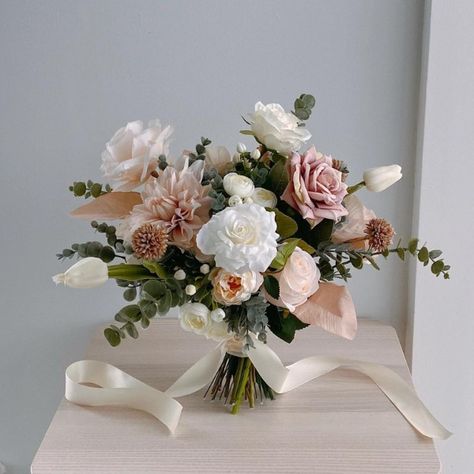 Silk Wedding Bouquet Designs You'll Love | Fake Flowers | Real Touch White Champagne Bouquet, Romantic Vintage Wedding Flowers, Prenup Bouquet, Bridal Bouquet February, Eucalyptus And Blush Wedding, Bridal Bouquet Sizes, Peony Wedding Bouquet Summer, Wedding Flowers Dusty Rose, Earth Tone Bouquet