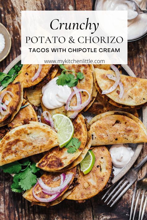 These Crispy Chorizo and Potato Tacos come with a smoky, garlicky cream that perfectly sets off the spicy filling. Tangy, flavorful chorizo sausage and stock-simmered potatoes make an incredible filling for these tiny, crispy tacos. #tacos #mexican #chorizo #chipotle Chorizo And Potato Recipes, Chorizo Y Papas Tacos, Chorizo Sweet Potato Tacos, Chorizo Potato Recipes, Ground Beef And Chorizo Tacos, Beef And Chorizo Tacos, Ground Turkey Chorizo Recipe, Pork Chorizo Recipes Dinners, Chorizo Tacos Recipes Dinner