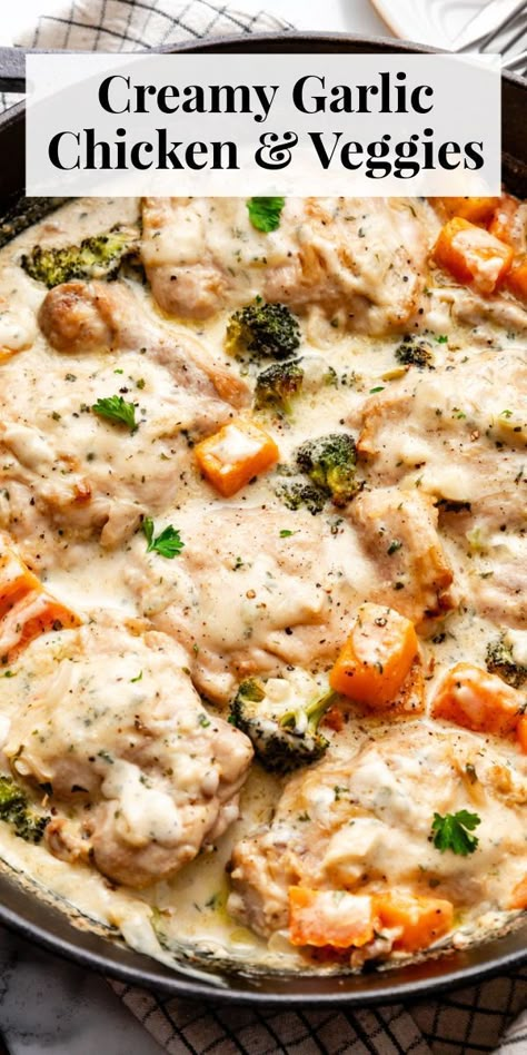 Creamy Garlic Chicken And Veggies, Healthy Creamy Dinner Recipes, Slow Cooker Creamy Garlic Chicken And Veggies, Low Carb Creamy Garlic Chicken, Creamy Chicken And Veggies, Chicken And California Blend Veggies, Chicken In Creamy Garlic Sauce, Dice Chicken Recipes, Creamy Chicken And Vegetables