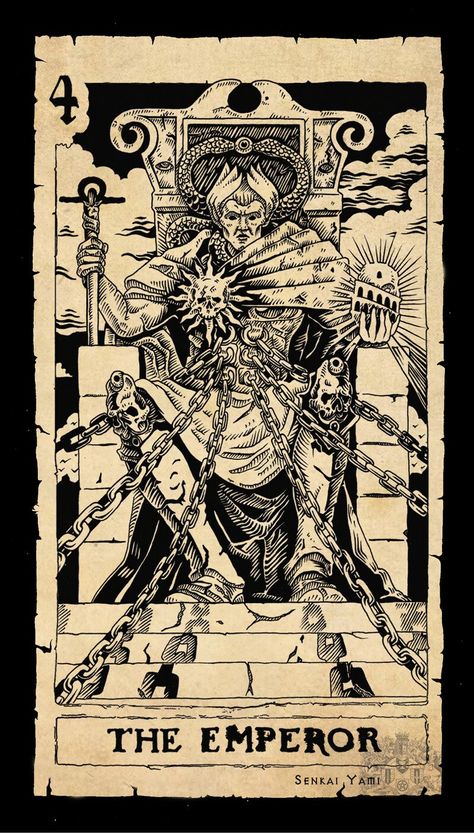 Senkai Yami, Emperor Tarot Card, Emperor Tarot, Tarot Cards Art Illustration, The Emperor Tarot, Kartu Tarot, Vintage Tarot Cards, Tarot Tattoo, Tarot Card Tattoo