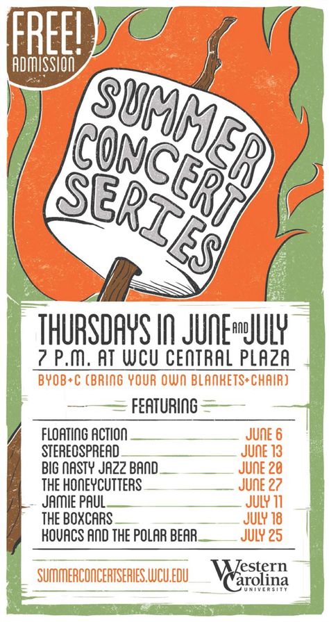 WCU Summer Concert Series Concert Series Poster, Festival Names, Music Concert Posters, Series Poster, Summer Music Festivals, Event Poster Design, Graphic Design Photoshop, Summer Books, Summer Music