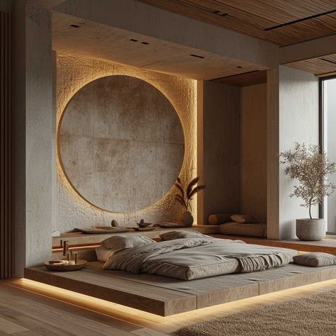 Interior Design Zen Style, Aesthetic One Bedroom Apartment, Bedroom Zen Style, Zen House Interior Design, Japan House Modern Japanese Style Interior Design, Natural Apartment Aesthetic, Round Room Interior Design, Modern Orientalism Interior, Japanese Inspired Interior Design