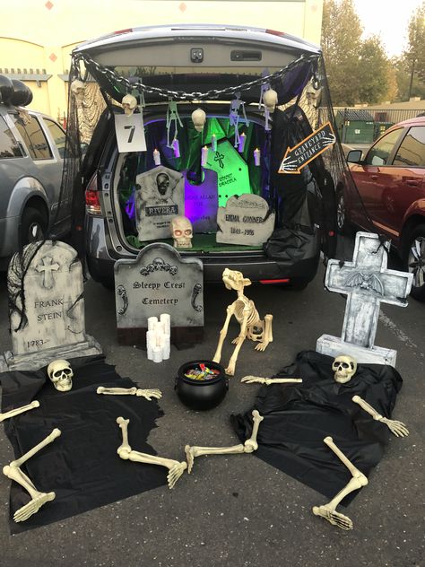 Graveyard Themed Trunk Or Treat, Graveyard Trunk Or Treat Ideas For Cars, Trunk Or Treat Zombie Theme, Halloween Trunk Or Treat Ideas For Cars Scary, Trunk Or Treat Ideas For Cars With Skeletons, Cemetery Trunk Or Treat Ideas, Haunted Trunk Or Treat Ideas, Trunk Or Treat Graveyard Ideas, Trunk Or Treat Cemetery