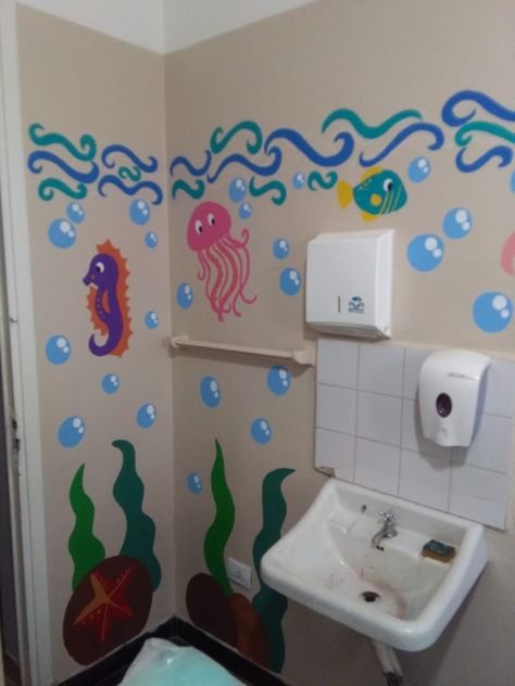 Prek Bathroom Decor, Preschool Bathroom Decor, Preschool Bathroom Ideas, Daycare Bathroom Ideas, Under The Sea Bathroom, Bathroom Door Ideas, School Wall Art Ideas, Ocean Themed Bathroom, Washroom Decor