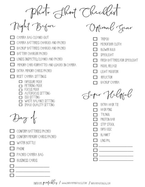 Photo Shoot Checklist | Printables for Photographers | Printable Photo Shoot Checklist Photography Services List, Shoot Plan Photography, Photography Workflow Checklist, Photographer Checklist, Photography Business Ideas, Desk Photography, Photography Prompts, Wedding Photography Shot List, Photography Business Plan