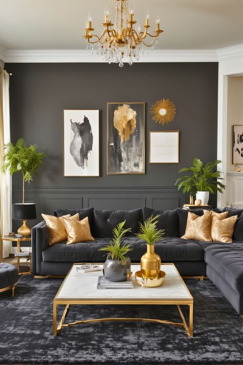 15 Charcoal Couch Living Room Ideas – The Crafty Hacks Gray With Brown Living Room, Grey Couch Living Room Ideas Gold Accents, Gray Couch Gold Accents, Gold Black Grey Living Room, Charcoal Couches Living Room Ideas, Dark Grey And Gold Living Room, Charcoal Sofa Living Room Decor, Charcoal Grey Sofa Living Room Ideas, Dark Grey Couch Living Room Ideas Colour Schemes