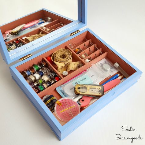 Jewelry Armoire Diy, Sewing Kit Box, Flatware Box, Mens Valet, Vintage Sewing Box, Mens Jewelry Box, Leather Jewelry Diy, Helpful Things, Jewelry Box Diy