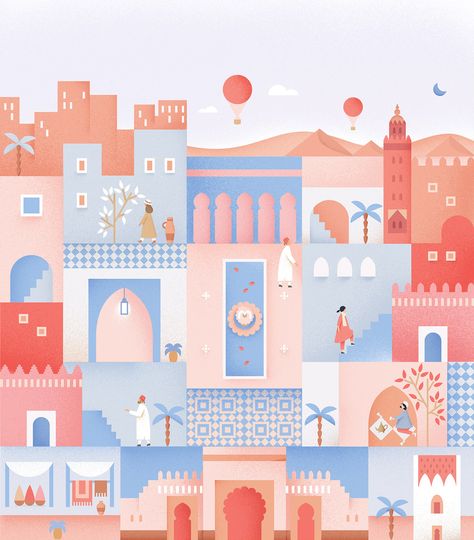 Postcard from Morocco on Behance City Illustration, Images Vintage, Idul Fitri, Travel Illustration, Behance Project, Flat Illustration, Illustrations And Posters, Behance Net, Flat Design