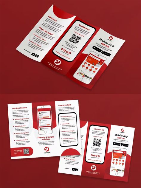 Mobile Application Tri-Fold Brochure Template AI, EPS Tri Fold Brochure Design Creative, App Brochure Design, Broucher Ideas Design, Trifold Flyer Design, App Brochure, Tri Fold Brochure Design, Mobile Poster, Minimalist Concept, Brochure Trifold