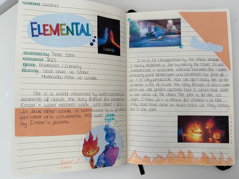 #review #journal #disney #cinema #elemental Book Review Journal, Elements Of Nature, Book Review, Journal Pages, Disney Art, Pixar, Book Art, Tv Shows, Film