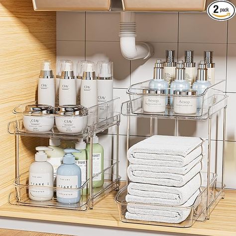 Amazon.com: Delamu 2 Sets of 2-Tier Clear Under Sink Organizers and Storage, Multi-Purpose Stackable Bathroom Cabinet organizers, Pull Out Kitchen Pantry Organization and Storage with Dividers : Home & Kitchen Under Sink Vanity Storage, Organisation, Linen Cabinet Organization, Bathroom Under Sink Organization, Kitchen Pantries, Organization Goals, Under Bathroom Sink, Bathroom Under Sink, Bathroom Vanity Organization