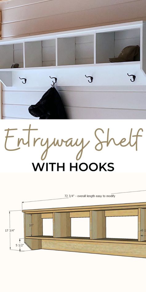 Wall Shelves Entryway, Backpack Shelf Ideas, Shelf With Hooks Entryway, Shelves With Hooks Entrance, Shelf With Coat Hooks, Entryway Bench With Coat Rack, Narrow Coat Rack Entryway, Cost Hooks Entryway, Diy Coat Hooks Entryway