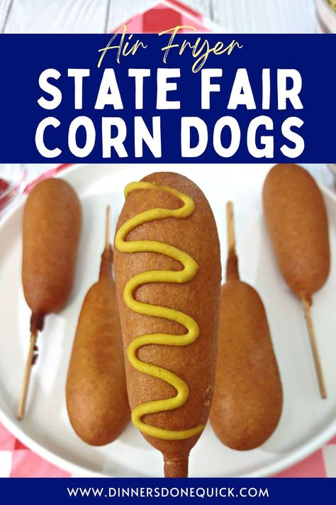 Skip the amusement park lines and make State Fair corn dogs at home with your air fryer! My easy recipe will show you how to cook crispy and delicious corn dogs in minutes. Try it now and taste the difference! #dinnersdonequick #corndogs #statefaircorndogs #airfryerfrozencorndogs #airfryercorndogs #corndogsinairfryer #corndogsfrozen #airfryercooking #airfryerrecipes #statefairfood #easyrecipes Air Fryer Corn Dogs, State Fair Corn Dogs, Fair Corn Dogs, Corn Dog Maker, Homemade Corndogs, Dogs At Home, Mini Corn Dogs, Corndog Recipe, Family Breakfast Recipes