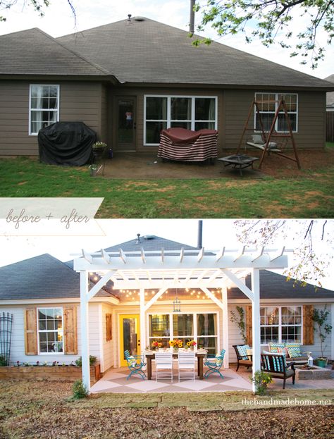 You have to check out the whole outdoor makeover here, from The Handmade Home. Building A Pergola, Painted Patio, Casa Patio, Diy Outdoor Decor, Patio Makeover, Outside Living, Diy Pergola, After Pictures, Backyard Makeover