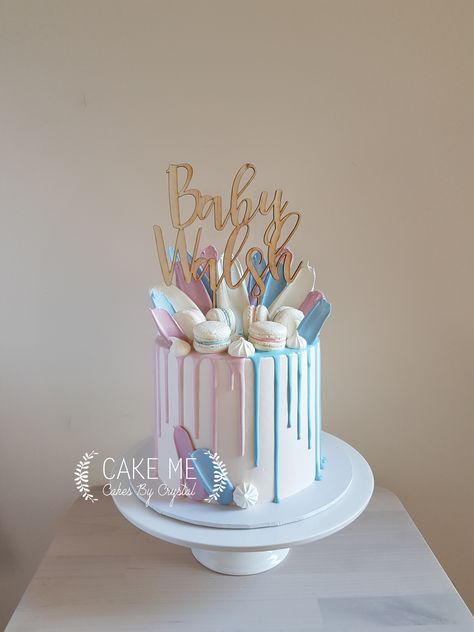 Pastel Pink And Blue Cake, Pink And Blue Drip Cake, Baby Shower Cake Designs Pink And Blue, Gender Reveal Drip Cake, Blue And Pink Cake Design, Blue And Pink Cake Birthday, Pink And Blue Baby Shower Cake, Gender Cake Ideas, Pink And Blue Birthday Cake