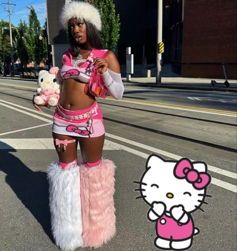 Black Bimbocore Outfits, Hello Kitty Outfit Ideas, Aaliyah Core, Aliyah Core, Hello Kitty Clothes, Gyaru Fashion, Kawaii Fashion Outfits, 2000s Fashion Outfits, Y2k Outfits