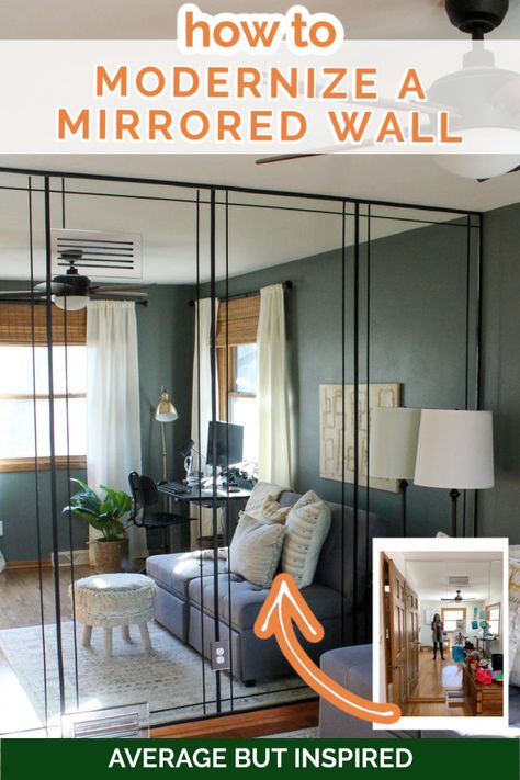 Modernizing a Mirrored Wall: Tape to the Rescue! - Average But Inspired Decorating A Mirrored Wall, Mirror Wall Update, What To Do With A Mirrored Wall, Diy Mirrored Closet Doors, Update Mirror Wall, Update Mirrored Closet Doors Sliding, Update Sliding Mirror Closet Doors, Mirrored Walls Ideas, How To Update A Mirrored Wall