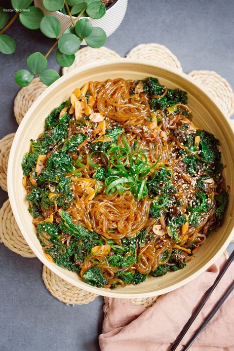 Sesame Sweet Potato Glass Noodles Sweet Potato Glass Noodles Recipe, Sweet Potato Glass Noodles, Chicken Bulgogi Recipe, Potato Glass Noodles, Sweet Potato Noodles Recipe, Korean Noodle Dishes, Glass Noodles Recipe, Sesame Noodles Recipe, Gochujang Chicken